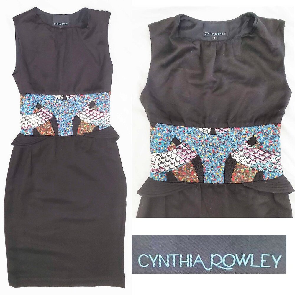 Cynthia Rowley Women's Black Sheath Dress with Asian Patchwork Waist Detail 0